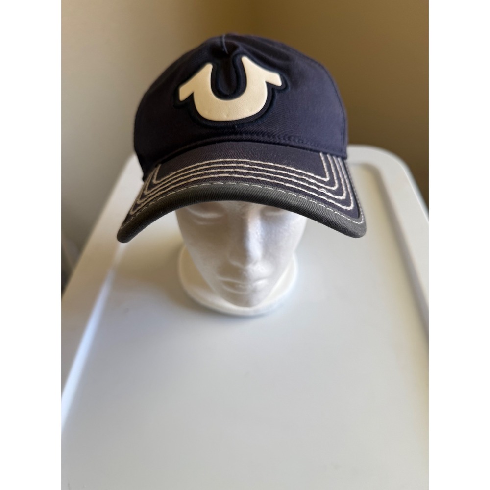 True Religion Navy Blue Horseshoe Logo Baseball Cap Leather Strap Hat One Size